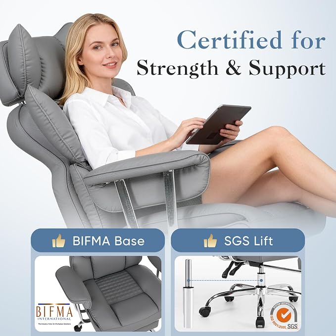 DUMOS Big and Tall Office Chair 400 LBS, Scratch-Resistant PU Leather Executive Office Desk Chair with Footrest, Ergonomic Reclining Computer Chairs with Pocket Spring Support, Grey