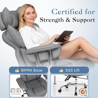 DUMOS Big and Tall Office Chair 400 LBS, Scratch-Resistant PU Leather Executive Office Desk Chair with Footrest, Ergonomic Reclining Computer Chairs with Pocket Spring Support, Grey