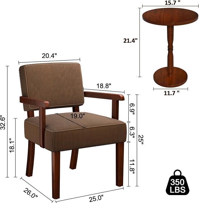 FAGAGA Corduroy Accent Chair Set of 2 with Table, Mid Century Modern Armchairs with Solid Wood Frame, Oversized Reading Leisure Chair (Corduroy Brown, Set of 2 with Table)