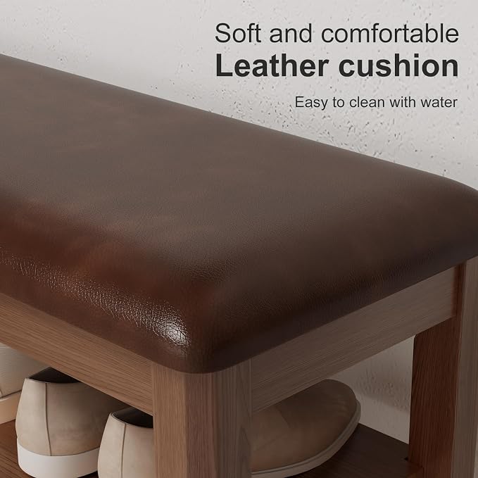 AQIMUELE Shoe Bench with Leather Cushion, 3 Tiers Shoe Storage Bench Height Adjustable, Walnut Wood Entryway Bench for Hallway, Mudroom