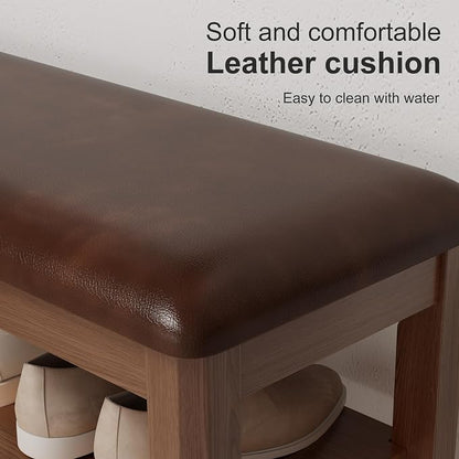 AQIMUELE Shoe Bench with Leather Cushion, 3 Tiers Shoe Storage Bench Height Adjustable, Walnut Wood Entryway Bench for Hallway, Mudroom