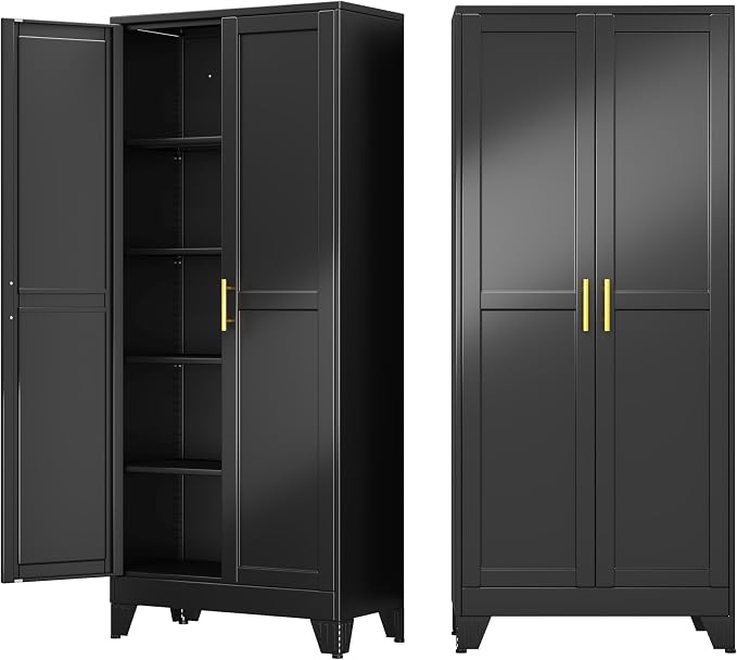 71" Metal Garage Storage Cabinet with 2 Doors, 4 Adjustable Shelves | Metal Storage Cabinets,Steel Tool Cabinets for Home Office,Garage,Warehouse (Black, 71''H x 29''W x 14''D)