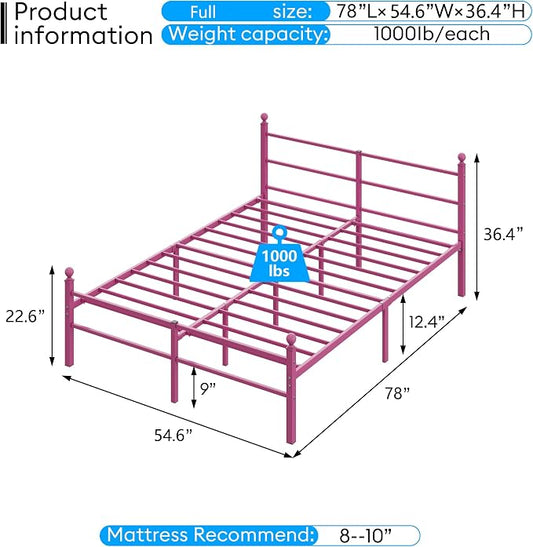 Full Size Bed Frame with Headboard - Metal Platform Bed with LED Lights, Charging Station, Under Bed Storage and Heavy Duty Steel Slats Support - No Box Spring Needed, Easy Assembly, Pink