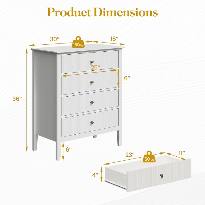 RoyalCraft White Fluted 4 Drawer Dresser for Bedroom, Modern Chest of Drawers, Wood Dresser for Storage Clothes, Wooden Storage Cabinet Nightstand for Bedroom, Hallway, Living Room, Entryway