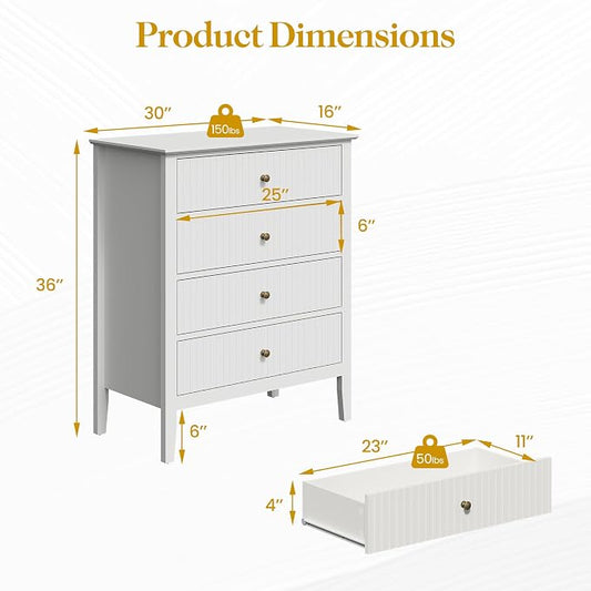 RoyalCraft White Fluted 4 Drawer Dresser for Bedroom, Modern Chest of Drawers, Wood Dresser for Storage Clothes, Wooden Storage Cabinet Nightstand for Bedroom, Hallway, Living Room, Entryway