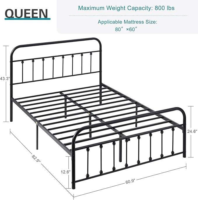 VECELO Queen Metal Platform Bed Frame with Headboard, Heavy Duty Steel Slat Support, Under Bed Storage,No Box Spring Needed, Easy Assembly，Victorian Style