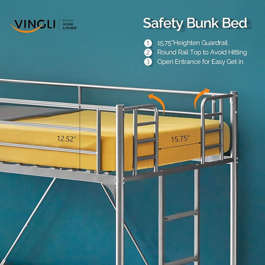 VINGLI Twin Loft Bed with Stairs Flat Steps for Kids, Adults Single Bed Space Saver Metal Loft, No Box Spring Required, Gray