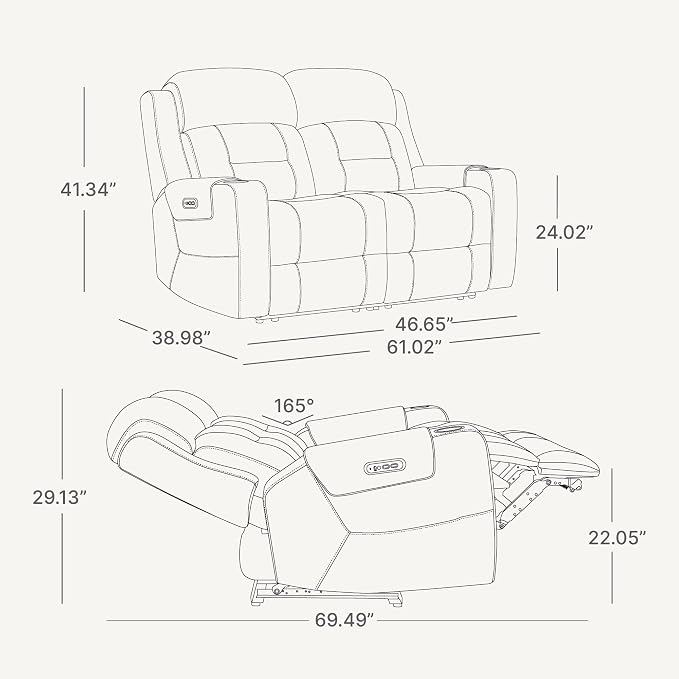 Watson & Whitely Genuine Leather Power Loveseat Recliner Sofa, Lay Flat Loveseat Reclining Sofa with Power Headrest, Cup Holders, USB & Type-C Ports, Dual Recliners for Living Room, Grey