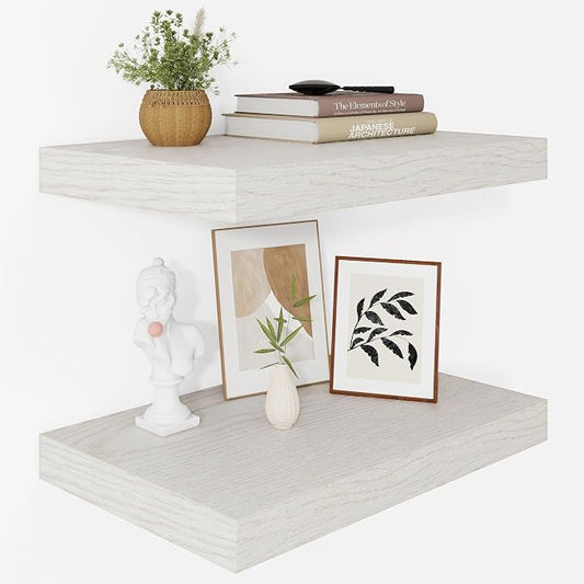 Vivelove 12 Deep Floating Shelves for Wall, 16 Inch Shelves for Room Wall Mounted, 2" Thick Floating Shelf for Living Room Bedroom Bathroom Kitchen Laundry Room, Set of 2 White Birch