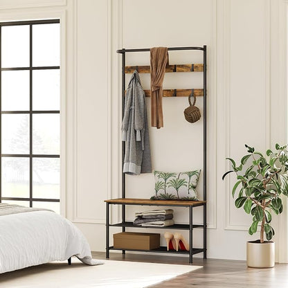 YATINEY Hall Tree, Coat Rack with Shoe Bench, 4-in-1 Entryway Bench with Storage Shelves, Hanging Rod and 8 Movable Hooks, Hall Tree with Storage Bench for Hallway, Rustic Brown and Black MT02BR