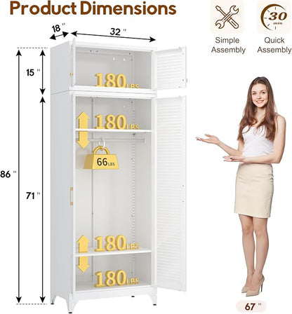 UNICOLY Armoire Wardrobe Closet with Doors, 86'' Wardrobe Cabinet with Hanging Rod, Metal Closet with 2 Adjustable Shelves for Bedroom School, Employee, Gym, White, Shipped in 2 Packages