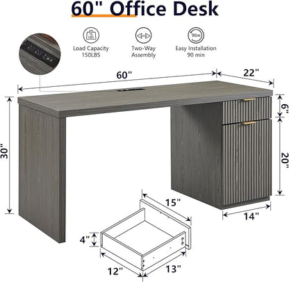 60" Modern Executive Desk, Reversible Left‑Right Cabinet, Built‑in Outlet | Reversible design lets you fix the cabinet on left‑hand or right‑hand side to fit your room layout