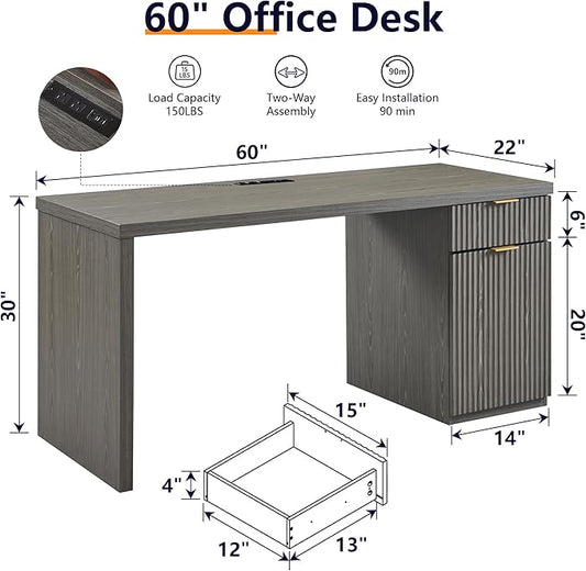 60" Modern Executive Desk, Reversible Left‑Right Cabinet, Built‑in Outlet | Reversible design lets you fix the cabinet on left‑hand or right‑hand side to fit your room layout