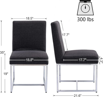 HNY Modern Dining Chairs Set of 2, Upholstered Linen Dining Room Chairs with Ergonomic Back & Polished Silver Metal Frame for Home, Kitchen, Apartment, Charcoal Black