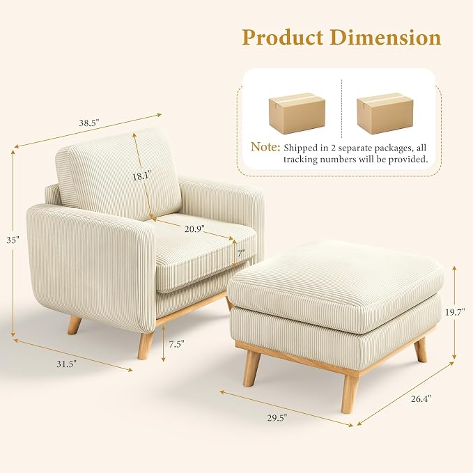Vesgantti 38.5" Accent Chair with Movable Ottoman, Comfy Corduroy Armchair with Spring Cushion, Reading Chair with Ottoman, Modern Single Sofa for Living Room, Bedroom and Apartment, Beige