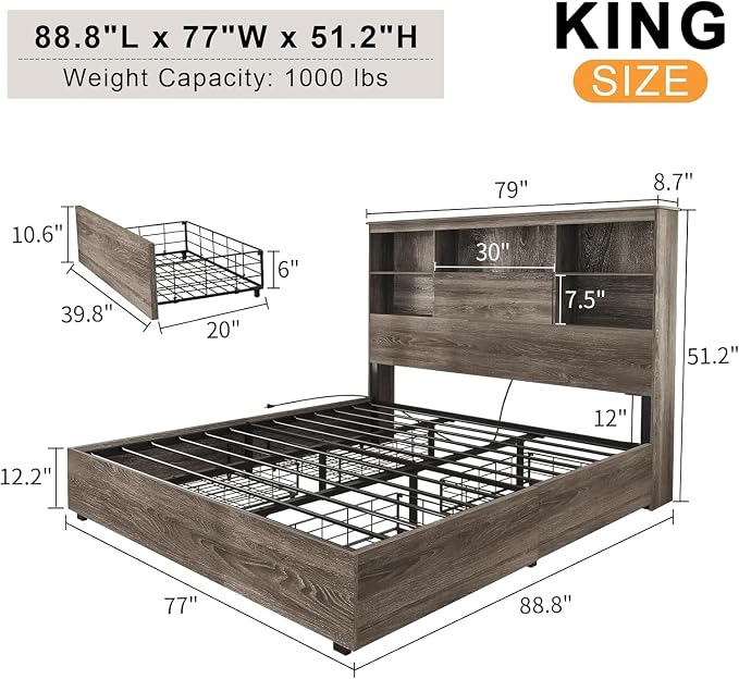 LUXOAK 5-Piece Bedroom Set, 1 X King Size Bed Frame, 2 X Nightstand Set with Charging Station, 1 X 5 Wood Drawer Dresser, 1 X Wood Rustic 6 Drawer Storage Dresser, Farmhouse Bedroom Furniture, Grey