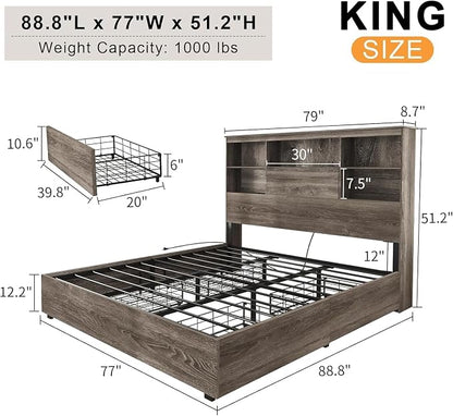 LUXOAK 5-Piece Bedroom Set, 1 X King Size Bed Frame, 2 X Nightstand Set with Charging Station, 1 X 5 Wood Drawer Dresser, 1 X Wood Rustic 6 Drawer Storage Dresser, Farmhouse Bedroom Furniture, Grey