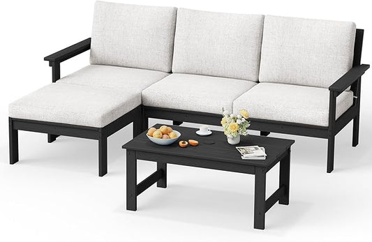 SERWALL Outdoor Sectional Sofa Set, 5-piece Outdoor Modula Couch Set with Ottoman, All Weather Patio Furniture Set with Chaise for Deck, Lawn, Black Frame with Khaki Cushion