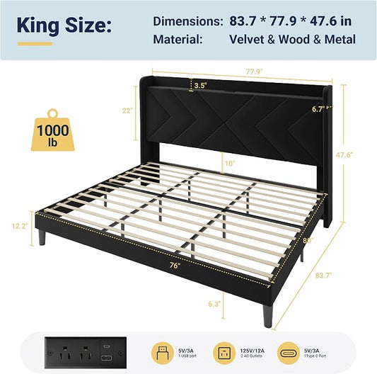 Allewie King Size Platform Bed Frame with Charging Station and Storage Shelf/Upholstered Velvet Wingback Headboard/Wooden Slats Support/No Box Spring Needed/Easy Assembly, Black