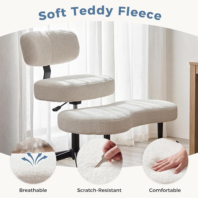 DUMOS Ergonomic ADHD Cross Legged Office Desk Chair with Adjustable Backrest, Height Adjustable Meditation Chair with 360° Swivel Footstool, Teddy Fleece Yoga Stool for Home Office, White
