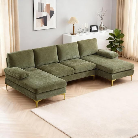 Karl home 110" Sectional Sofa U-Shaped 4-Seat Couch with Chaises Chenille Fabric Upholstered for Living Room, Apartment, Office, Green