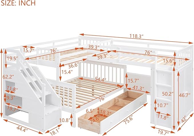L-Shaped Bunk Bed for 4 Kids, Twin-Twin Over Full with 3 Drawers, Portable Desk and Wardrobe, Solid Wood Bedframe with Stairs and Full-Length Guardrails, No Box Spring Needed (White)