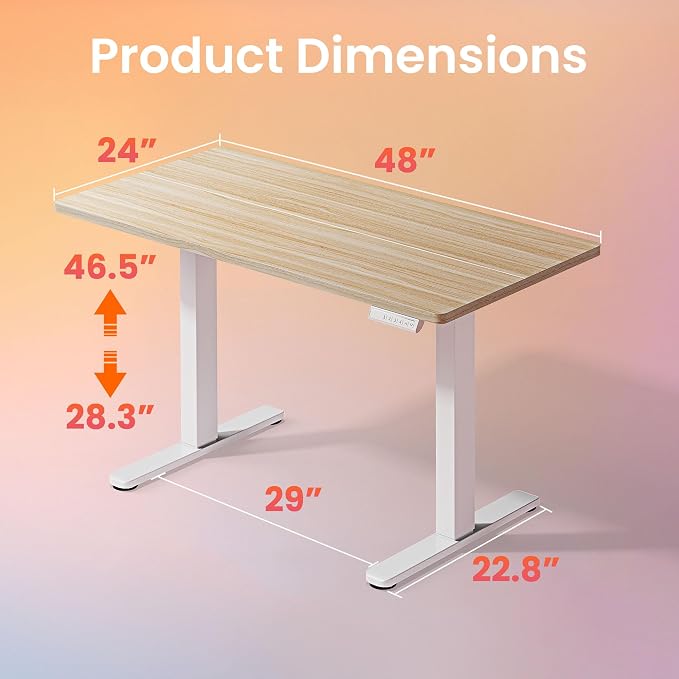 HUANUO 48x24 Inch Electric Standing Desk, Height Adjustable, Natural | Smooth Home Office Desk, 176lbs Capacity with 4 Memory Presets & Headphone Hooks. Easy to assemble Computer Gaming desk