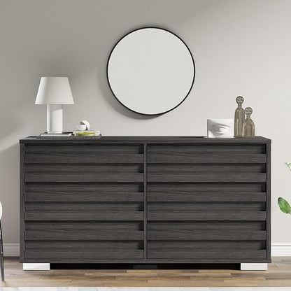 AMERLIFE 2-Piece Farmhouse Bedroom Set, Full Bed Frame and 6 Drawer Dresser, Platform Bed with 49" Fluted Headboard, 54" Wide Wood Chest of Drawer for Bedroom, Black