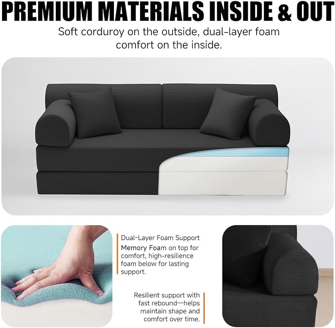 78.8" Boneless Memory Foam Couch, Corduroy Convertible Floor Sofa Bed, Fold-Out Sleeper Futon Loveseat, Wide Armrests & Supportive Back, 1200 lb, Couch in a Box, 2 Pillows, Black