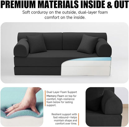 78.8" Boneless Memory Foam Couch, Corduroy Convertible Floor Sofa Bed, Fold-Out Sleeper Futon Loveseat, Wide Armrests & Supportive Back, 1200 lb, Couch in a Box, 2 Pillows, Black