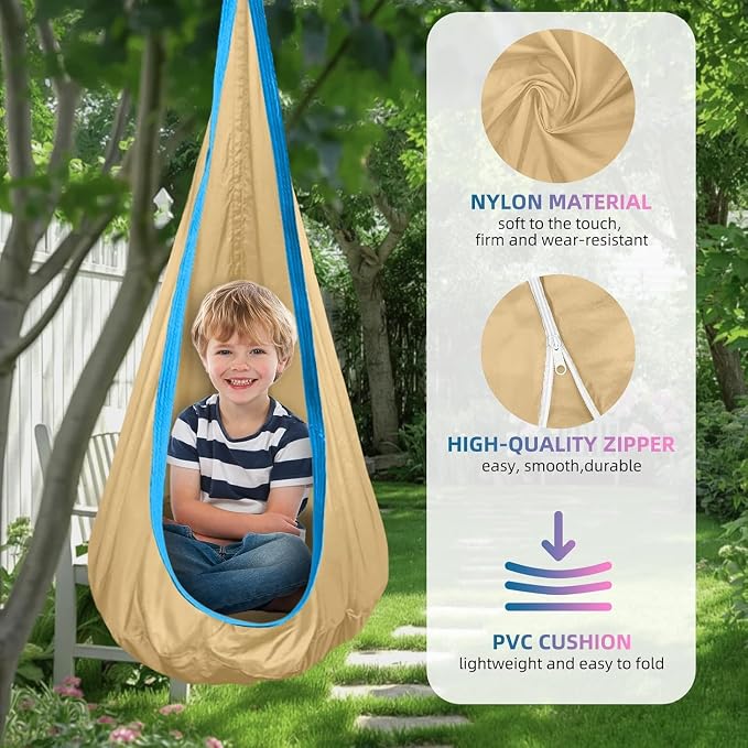 Kids Swing Seat Hammock Chair Indoor Outdoor Hanging Chair for Children,Soft & Safe with High Weight Capacity, Easy Install Perfect for Bedroom, Garden, Playroom (Khaki)
