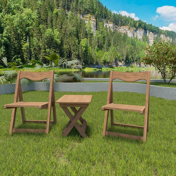 Patio Bistro Set, 3-Piece Foldable HIPS Outdoor Table and Chairs Set with Rectangular Table 2 Chairs for Balcony Garden Porch Small Space, Teak