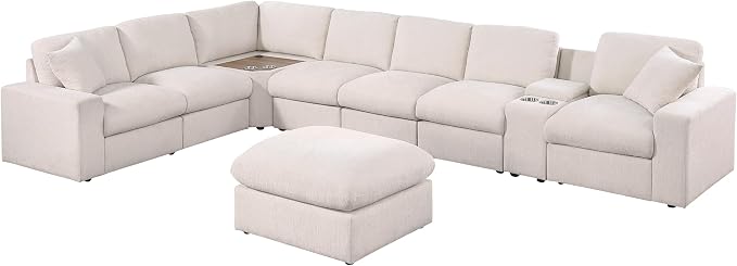 Ball & Cast 157" Oversized Modular Sectional Sofa L-Shaped,Large Chenille Upholstered Couch 8 Seat with Ottoman,Cup Holders & USB Ports,Comfty Sectionals W/Pillows & Storage Box,for Living Room,Beige