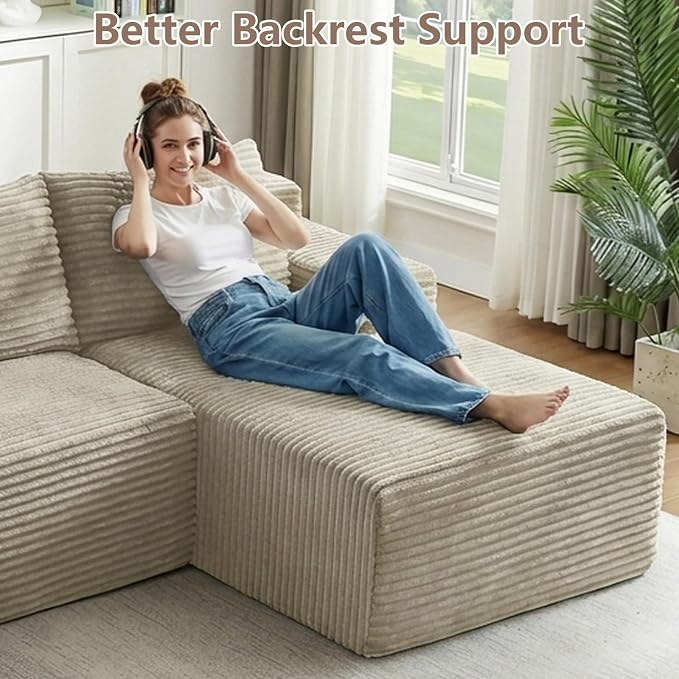 96" Cloud Sectional Couch U-Shaped Chaise with Ottoman, Corduroy Boneless Couch for Living Room Bedroom, Deep-Seat Upholstered Modular Cloud Sofa, No Assembly Required (Camel, Right Facing Chaise)