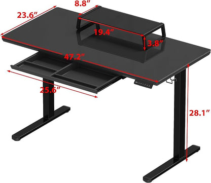 SHW 48x24 Glass Electric Height Adjustable Standing Desk – Motorized Sit Stand Desk with Monitor Riser, Pull-Out Drawer, Memory Presets, Black
