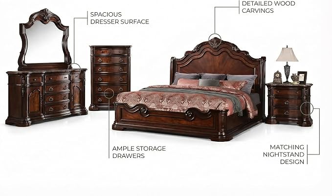 First of a Kind Barney's Traditional 5 Piece California King Bedroom Set Solid Wood Furniture Collection with Walnut Finish, Classic Carved Design for Master Bedroom Interiors