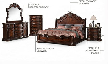 First of a Kind Barney's Traditional 5 Piece Eastern King Bedroom Set Solid Wood Furniture Collection with Walnut Finish, Classic Carved Design for Spacious Master Bedroom Interiors
