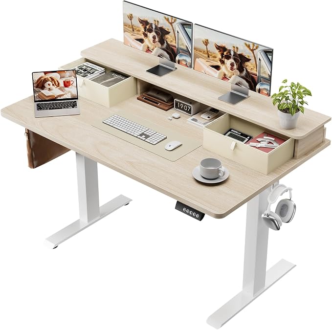 Veken 47x28 in Electric Standing Desk with Drawers, Adjustable Table, Wood | Stand up Computer Desk for Home Office, Work & Study, with Storage, 3 Memory Presets, Cable Organizer, Hook, and Quiet Lift.