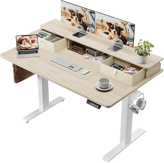 Veken 47x28 in Electric Standing Desk with Drawers, Adjustable Table, Wood | Stand up Computer Desk for Home Office, Work & Study, with Storage, 3 Memory Presets, Cable Organizer, Hook, and Quiet Lift.