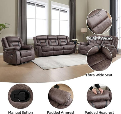 EBELLO Faux Leather Recliner Sofa Furniture Set for Living Room, Recliner Chair, Manual Loveseat, 3 Seat Recliniing Sofa Couch Set for Meeting Room, Grey