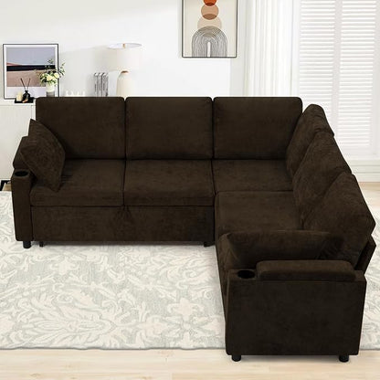 85" Chenille Sectional Sofa w/Pull Out Bed & Storage Space, Brown | Upholstery L Shaped Couch w/Cup Holders, Modern Corner Sofa w/USB Charging Port & Throw Pillow for Living Room