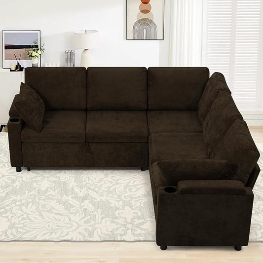 85" Chenille Sectional Sofa w/Pull Out Bed & Storage Space, Brown | Upholstery L Shaped Couch w/Cup Holders, Modern Corner Sofa w/USB Charging Port & Throw Pillow for Living Room