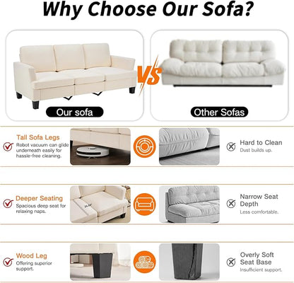 Modern 3 Seater Sofa for Living Room with Soft Deep Seats, Sofa 3 Seater in Linen, Upholstered Apartment Sofa with Armrests, Comfy Cozy Sofas for Bedroom, Linen, Beige