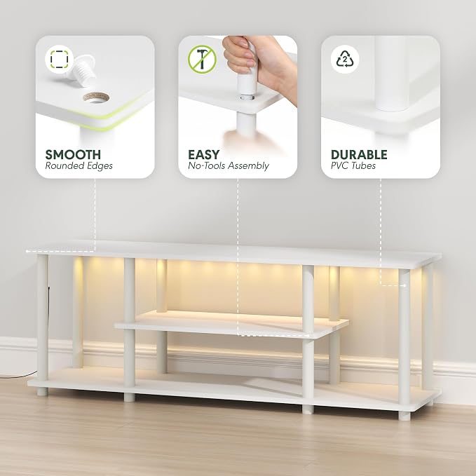 Furinno Turn-N-Tube TV Stand with LED Lights, 3-Tier No Tools 3D Entertainment Center, TV Console for TV up to 50 Inch, for Living Room, Bedroom, White