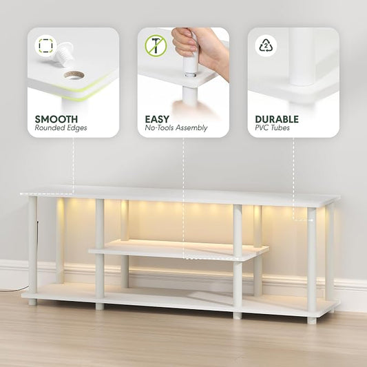 Furinno Turn-N-Tube TV Stand with LED Lights, 3-Tier No Tools 3D Entertainment Center, TV Console for TV up to 50 Inch, for Living Room, Bedroom, White