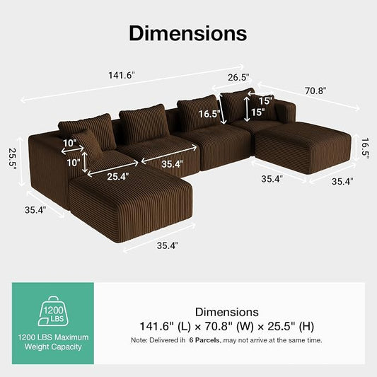 Novilla 141" Modular Sectional Sofa, Modern Cloud Sectional Couch with Smarts Coil® Support, U-Shape Boneless Couch for Living Room Apartments, No Assembly Required, Brown (4 Seat w/ 2 Ottoman)