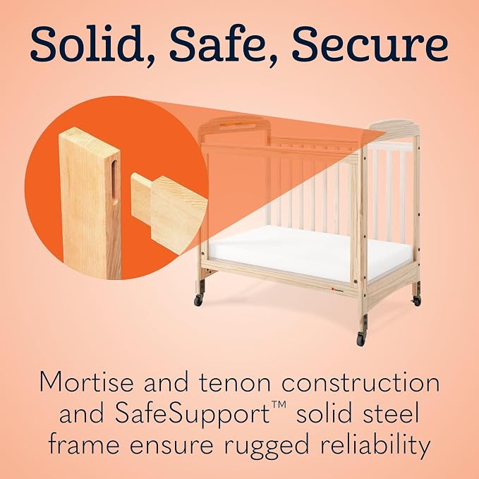 Foundations Serenity Compact 3 Side Clearview Daycare Crib Natural, Fixed Side, Durable Wood Construction, Non-Marking Casters (2 Locking), Includes 3” InfaPure Foam Mattress