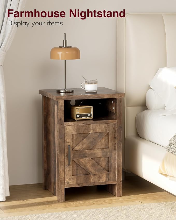 YESHOMY Farmhouse Modern Nightstand with Shelf and Barn Door, Set of 1 for Bedroom, Brown