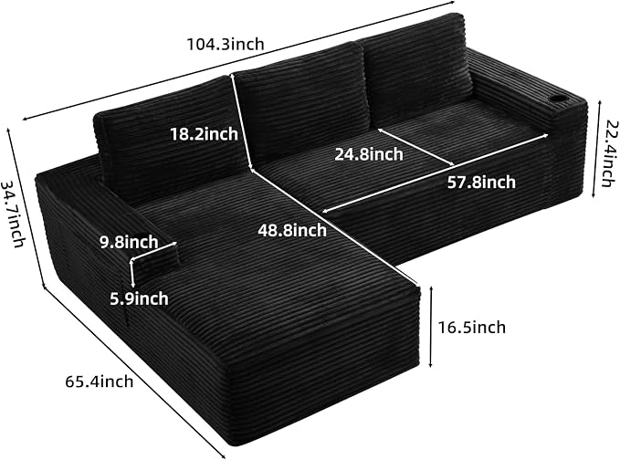 104" L Shaped Boneless Sectional Couches for Living Room, Comfy Corduroy Floor Cloud Sofa with Chaise and Cup Holder, Wide Armrest, Deep Seat, Assembly Free, Ideal for Small Spaces, Black