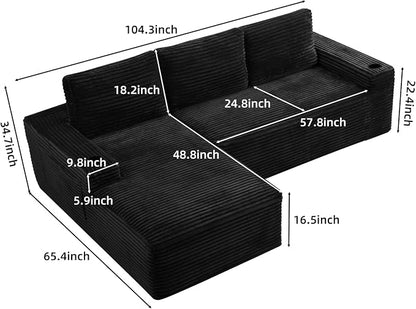 104" L Shaped Boneless Sectional Couches for Living Room, Comfy Corduroy Floor Cloud Sofa with Chaise and Cup Holder, Wide Armrest, Deep Seat, Assembly Free, Ideal for Small Spaces, Black